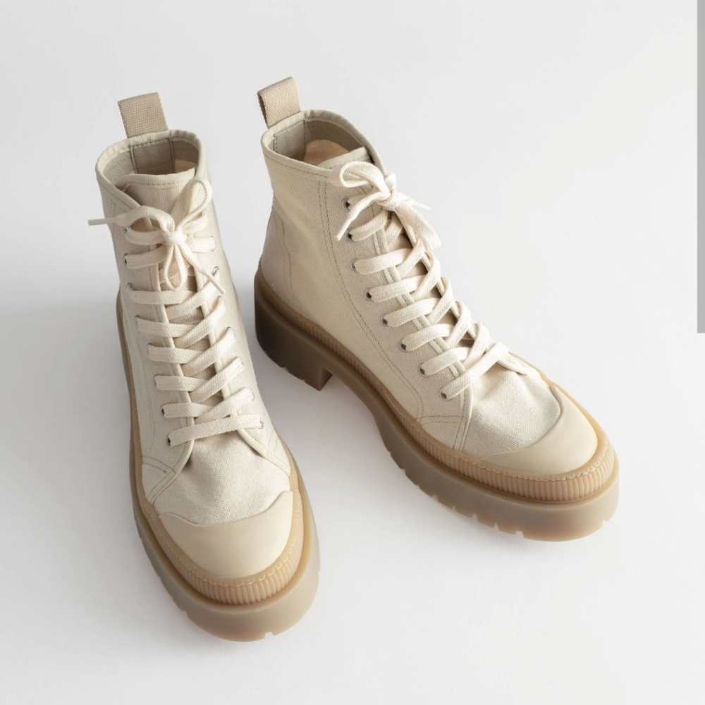 Canvas High-Top Lace-Up Boot in Cream